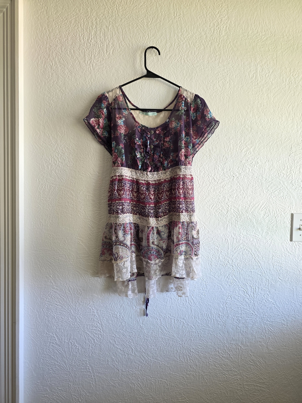 Floral Bohemian Short Sleeve Tunic Dress in Burgundy and Cream